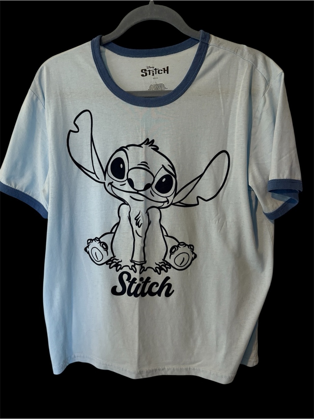 Disney Light Blue Tee with Fuzzy Navy Trim and Stitch Graphic